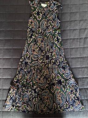 Anthropologie Navy Paisley Tiered Midi Dress with Green and Pink